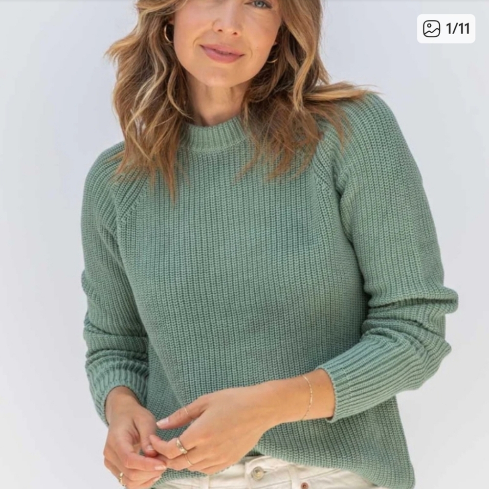 Faherty Green Sunwashed Fisherman Crewneck Cropped Sweater XL Cotton